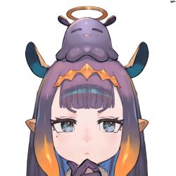 1girl :< :3 =_= blue_eyes center-flap_bangs closed_mouth commentary diamond_hairband double-parted_bangs english_commentary fang fur_collar gloves gradient_hair halo hand_on_own_chin hololive hololive_english light_blush looking_at_viewer mole mole_under_eye multicolored_hair ninomae_ina'nis ninomae_ina'nis_(1st_costume) on_head open_mouth orange_hair pointy_ears portrait purple_gloves purple_hair short_eyebrows sidelocks signature simple_background solo stroking_own_chin takodachi_(ninomae_ina'nis) tentacle_hair traditional_halo trustyskittles two-tone_hair v-shaped_eyebrows virtual_youtuber white_background yellow_halo 
