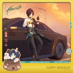 1boy asaba_harumasa car happy_birthday leaning_on_object short_hair standing zenless_zone_zero
