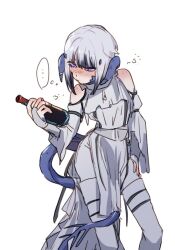  ... 1girl au_ra bare_shoulders between_legs black_hair blue_horns blue_scales blush bottle closed_mouth dragon_girl dragon_horns drunk final_fantasy final_fantasy_xiv holding holding_bottle horn_ornament horn_ring horns laila_(moth_ram) looking_at_object low_horns moth_ram multicolored_hair original scales short_hair shoulder_blush simple_background solo spoken_ellipsis tail tail_between_legs two-tone_hair violet_eyes warrior_of_light_(ff14) white_background white_hair 