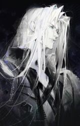  1boy armor black_background black_coat chest_strap coat commentary final_fantasy final_fantasy_vii final_fantasy_vii_remake green_eyes highres long_hair makiva_chan male_focus pale_skin parted_bangs parted_lips sephiroth shoulder_armor solo spot_color untranslatable_commentary upper_body white_hair wing_collar 