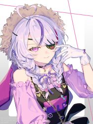  1girl ahoge bare_shoulders black_choker black_overalls blunt_bangs braid chain choker closed_mouth commentary eyepatch frilled_shirt frills fui_(fis6457) gloves hand_up hat heart heart_ahoge highres light_smile long_hair looking_at_viewer low_twin_braids maria_marionette maria_marionette_(farmer) multicolored_hair nijisanji nijisanji_en official_alternate_costume official_alternate_hairstyle overalls pendant_choker pink_hair pink_shirt purple_streaks shirt solo straw_hat streaked_hair swept_bangs twin_braids twitter_username upper_body violet_eyes virtual_youtuber watermark white_background white_gloves 