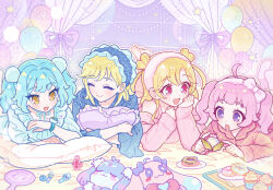  4girls :d :o ahoge aozora_himari blonde_hair blue_hair blue_hairband blue_nightgown bow bow_hairband closed_eyes closed_mouth commentary cupcake double_bun doughnut food fortu frilled_hairband frills hair_bow hair_bun hair_ornament hairband himitsu_no_aipri holding holding_pillow hoshikawa_mitsuki in-franchise_crossover konomi_inori long_hair lying medium_hair multiple_girls nightgown off-shoulder_shirt off_shoulder on_pillow on_stomach onegai_aipri oshiri_(o4ritarou) pajamas pillow pink_bow pink_eyes pink_hair pink_hairband pink_pajamas pink_shirt plate pom_pom_(clothes) pom_pom_hair_ornament pretty_series priusa shirt sleepover smile twintails two_side_up untranslatable_commentary violet_eyes watch watch yellow_eyes yumemiya_aoi 