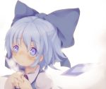  1girl blue_eyes blue_hair blush bow cirno hair_bow hands_clasped heavy_breathing masirosu parted_lips short_hair simple_background solo touhou wings 