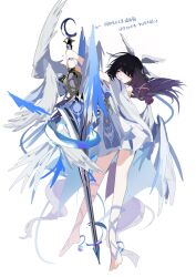  1girl absurdres ahoge ankle_strap arms_up arrow_(symbol) bare_shoulders barefoot black_hair blunt_bangs closed_eyes colored_inner_hair columbina_(genshin_impact) commentary_request crescent dress eye_mask feathered_wings floating_hair full_body genshin_impact gradient_hair hair_ornament happy head_wings highres holding holding_sword holding_weapon huge_weapon long_hair long_sleeves low_wings magnet_8_8 mask multicolored_hair multiple_wings off-shoulder_dress off_shoulder open_mouth purple_hair short_dress sidelocks smile solo standing sword two-tone_hair weapon white_dress white_mask wide_sleeves wings x_hair_ornament 