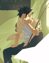  1boy black_hair black_pants chinese_commentary classroom clenched_teeth closed_eyes commentary_request curtains false_memory he_mingshuo head_rest highres holding holding_stick jacket male_focus open_clothes open_jacket pants print_jacket shirt sitting sleeves_rolled_up smile spiky_hair stick teeth white_shirt 