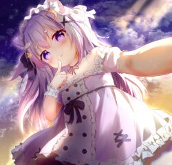 1girl absurdres animal_ear_fluff animal_ears blush bow cat_ears cat_girl clouds commentary crescent crescent_hair_ornament dress finger_to_mouth freebird_(pixiv_110005620) frills hair_ornament hairclip hand_to_own_mouth highres long_hair looking_at_viewer maid maid_headdress night original outdoors outstretched_arm purple_hair ribbon selfie short_sleeves sky solo star_(symbol) star_hair_ornament untranslatable_commentary very_long_hair violet_eyes white_hair