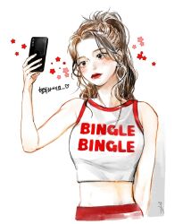 1girl bare_shoulders blush brown_hair cellphone character_request copyright_request crop_top highres holding holding_phone let_ink midriff phone ponytail red_eyes red_lips simple_background solo star_(symbol) star_symbol_background taking_picture white_background 