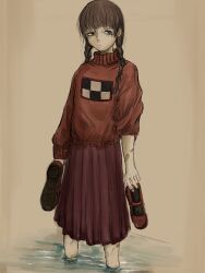  1girl absurdres bandaid bandaid_on_arm bandaid_on_leg blunt_bangs braid brown_background brown_hair checkered_sweater highres holding holding_unworn_clothes holding_unworn_shoes loose_hair_strand madotsuki pink_sweater pleated_skirt print_sweater purple_skirt red_shoes shoes skirt solo solo_focus sweater tataeyo_gekisakuka twin_braids unusually_open_eyes unworn_shoes wading water yume_nikki 