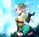  1girl breasts cleavage fez_(video_game) flower gloves hair_ornament mayokichi open_mouth ponytail short_hair skirt solo thighhighs violet_eyes white_hair 