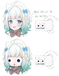 1girl 1other :d ahoge aqua_hair blue_bow blue_eyes blunt_bangs blush bow bowtie brown_bow brown_bowtie ceo_of_disgrace commentary cropped_shoulders densetsu.exe english_commentary english_text fang gradient_hair hair_bow hair_intakes hair_ornament highres hold_on_let_me_do_the_face_(meme) holding holding_id_card id_card looking_at_viewer looking_to_the_side maid_headdress medium_hair meme mint_fantome mint_fantome_(minto_2.0) multicolored_hair multiple_expressions multiple_views open_mouth pointy_ears simple_background skin_fang smile solid_circle_pupils solo_focus triangular_headpiece two_side_up virtual_youtuber white_background white_hair x_hair_ornament 