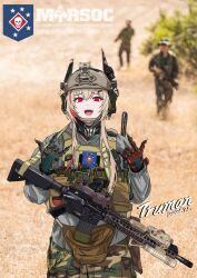  1girl absurdres ammunition_pouch ar-15 assault_rifle body_armor bulletproof_vest combat_helmet commentary ear_protection fake_horns foregrip girls'_frontline_2:_exilium girls_frontline gun headgear helmet highres horned_headwear horns laser_sight load-bearing_vest long_hair m4_carbine m4_sopmod_ii_(girls'_frontline) military_combat_uniform military_operator military_uniform multicolored_hair open_mouth optical_sight pouch red_eyes rifle smile soppo_(girls'_frontline_2) streaked_hair tactical_clothes walkie-talkie weapon yunzhao22543 