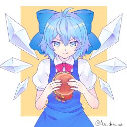  1girl an_dres_art bacon blue_dress blue_eyes blue_hair bow burger cirno commentary detached_wings dress food hair_bow highres holding holding_food ice ice_wings imminent_crying licking_lips meat pickle pinafore_dress puffy_short_sleeves puffy_sleeves salad short_hair short_sleeves sleeveless sleeveless_dress slipping solo tomato tomato_slice tongue tongue_out touhou wings 