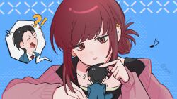  !? 1boy 1girl alternate_costume blue_background blue_suit blush chibi commentary_request ear_piercing earrings giant highres jewelry kuji_(orca9ji) long_sleeves looking_at_another low-tied_medium_hair musical_note parted_bangs piercing red_eyes red_hair salaryman sidelocks signature simple_background sitting size_difference smile suit super_no_ura_de_yani_suu_futari sweater tayama_(super_no_ura_de_yani_suu_futari) teasing upper_body yamada_(super_no_ura_de_yani_suu_futari) 
