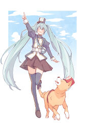  1girl absurdres aqua_hair arm_up belt blue_hat blue_sky blush boots border brown_skirt closed_eyes collared_jacket commentary_request dog double-parted_bangs hair_intakes hat hatsune_miku high_collar highres jacket juliet_sleeves leg_up long_hair long_sleeves miniskirt musical_note naranoashika open_mouth peaked_cap pleated_skirt pointing pointing_up puffy_sleeves red_hat sidelocks skirt sky smile solo standing standing_on_one_leg thigh_boots twintails very_long_hair vocaloid white_belt white_border zettai_ryouiki 