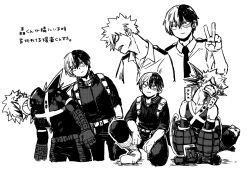  2boys adam's_apple arm_on_thigh arm_rest bakugou_katsuki bare_shoulders belt belt_buckle blank_eyes boku_no_hero_academia boots bright_pupils buckle burn_scar character_name clenched_teeth closed_mouth collarbone collared_shirt commentary_request crack cropped_arm cropped_arms cropped_legs cropped_torso d: detached_sleeves dkyoudai dress_shirt expressionless gloves greyscale grid_teeth hair_between_eyes hand_up hatching_(texture) head_tilt headgear heterochromia high_collar knee_boots knee_pads leaning_to_the_side linear_hatching looking_at_viewer male_focus mismatched_pupils monochrome multicolored_hair multiple_boys multiple_views necktie on_one_knee open_collar pants parted_hair partial_commentary plain_epaulettes profile scar scar_on_face school_uniform scowl shirt short_hair side-by-side simple_background smile snap-fit_buckle spiky_hair split-color_hair spread_legs squatting tank_top teeth three-quarter_sleeves todoroki_shoto translation_request turning_head two-tone_hair u.a._school_uniform v v-neck white_background wing_collar wrist_guards x_(symbol) 