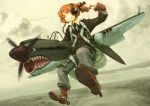  boots flying gloves grin headphones kome leather_jacket mecha_musume necktie p-40 parachute ponytail redhead short_hair smile wings 