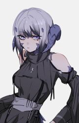  1girl au_ra bare_shoulders black_dress blue_horns blue_scales closed_mouth dragon_girl dragon_horns dress final_fantasy final_fantasy_xiv grey_hair highres horn_ornament horn_ring horns laila_(moth_ram) looking_at_viewer low_horns moth_ram multicolored_hair original scales short_hair sidelocks simple_background solo two-tone_hair violet_eyes white_background 