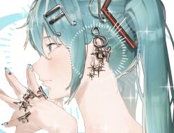  1girl aqua_eyes aqua_hair aqua_nails closed_mouth earrings from_side hair_ornament hairclip hands_up hatsune_miku highres jewelry long_hair multiple_earrings multiple_rings nail_polish noranucoo own_hands_together portrait profile ring solo steepled_fingers twintails vocaloid 