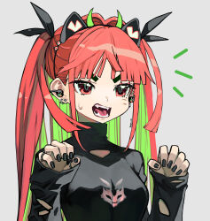  1girl absurdres animal_ear_hairband animal_ears artist_name black_nails black_shirt blunt_bangs check_commentary claw_pose clip_studio_paint_(medium) colored_inner_hair commentary_request earphones earphones earrings eudetenis facial_mark fake_animal_ears fangs green_hair green_horns grey_background hair_intakes hair_ornament hairband highres horns jewelry long_hair long_sleeves looking_ahead mole mole_under_eye multicolored_hair multiple_earrings multiple_rings open_mouth original pink_eyes pink_hair print_shirt ring shirt sidelocks simple_background sleeves_past_wrists small_horns solo sweatdrop torn_clothes torn_shirt turtleneck turtleneck_shirt twintails two-tone_hair upper_body 