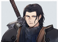  1boy angeal_hewley armor black_hair blue_eyes blue_sweater buster_sword closed_mouth commentary_request crisis_core:_final_fantasy_vii facial_hair final_fantasy final_fantasy_vii grey_background highres looking_at_viewer male_focus morikawaimori parted_bangs ribbed_sweater short_hair shoulder_armor sleeveless sleeveless_turtleneck solo suspenders sweater sword sword_on_back turtleneck turtleneck_sweater upper_body weapon weapon_on_back 