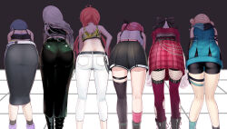   6+girls ahoge ass ass_focus asymmetrical_legwear belt bike_shorts black_belt black_boots black_bow black_gloves black_shorts black_skirt black_socks black_tank_top black_thighhighs blonde_hair blue_hair blue_hoodie blue_socks boots bow commentary_request cowboy_shot double_bun elbow_gloves fishnet_pantyhose fishnets from_behind gloves grey_hair hair_bow hair_bun highres hood hood_down hoodie idios ishigami_nozomi ishigami_nozomi_(1st_costume) kaburaki_roco kaburaki_roco_(1st_costume) kneepits koshimizu_toru koshimizu_toru_(1st_costume) kuramochi_meruto kuramochi_meruto_(1st_costume) leaning_forward long_hair long_skirt mismatched_legwear multiple_girls nijisanji orange_hair pants pantyhose pink_hair plaid_clothes plaid_skirt pleated_skirt polka_dot polka_dot_bow purple_socks red_pants red_shirt sanko_(nisanko) shirt shishido_akari shishido_akari_(1st_costume) shorts side_ponytail single_thighhigh skirt socks sophia_valentine sophia_valentine_(1st_costume) spaghetti_strap take_your_pick tank_top thigh-highs thigh_strap thighhighs_over_pantyhose virtual_youtuber white_pants white_shirt