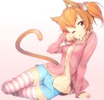  1girl ;p animal_ears arm_support cat_ears cat_tail gradient gradient_background jacket orange_hair original paw_pose red_eyes ribbon short_shorts short_twintails shorts sitting sleeves_past_wrists solo striped striped_legwear tail tail_ribbon thighhighs tongue twintails wink yokozuwari zizi_(zz22) 