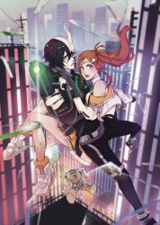  1boy 1girl 1other aiming aiming_at_viewer arm_around_another's_back artist_name black_nails black_pants bleach breasts brown_eyes brown_hair city cropped_jacket facial_hair furrowed_brow green_eyes hair_between_eyes helmet hetero highres inoue_orihime jacket keitoz kon_(bleach) long_hair medium_breasts midair nail_polish open_mouth orange_skirt orange_socks pants pleated_skirt ponytail ribbed_socks shoes short_hair single_bare_shoulder skirt socks stuffed_animal stuffed_lion stuffed_toy ulquiorra_cifer white_jacket white_shoes 