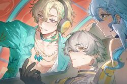  1girl 2boys alternate_costume aqua_eyes aqua_hair aqua_shirt arm_up aventurine_(honkai:_star_rail) aventurine_(waveflair)_(honkai:_star_rail) bare_shoulders black_bodysuit black_gloves blonde_hair blue_eyes blue_hair bodysuit braid caelus_(honkai:_star_rail) car car_seat chinese_commentary choker closed_mouth colored_inner_hair commentary_request crossed_bangs empty_eyes eyelashes facial_mark feathered_wings gloves gold_necklace grey_hair hair_between_eyes hair_ornament hand_up hawaiian_shirt head_wings headphones highres honkai:_star_rail honkai_(series) jewelry lapels long_hair looking_at_another looking_to_the_side low_ponytail male_focus mealove1218 motor_vehicle multicolored_eyes multicolored_hair multiple_boys neck_tattoo necklace open_clothes open_shirt pink_eyes ponytail purple_choker race_vehicle racecar red_background robin_(honkai:_star_rail) robin_(summeretto)_(honkai:_star_rail) shirt short_hair short_ponytail short_sleeves side_braid simple_background single_braid smile star_(symbol) star_facial_mark starfish_hair_ornament streaked_hair sweatdrop tattoo teeth trailblazer_(honkai:_star_rail) upper_body wavy_hair wings yellow_eyes 