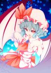  1girl absurdres baba_(pixiv3422465) bat_wings blue_hair bow brooch fangs hat hat_bow highres jewelry red_eyes remilia_scarlet solo star touhou wings 