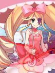  1girl blonde_hair blue_eyes bow choker curly_hair dress eyepatch hair_bow harime_nui heart itone_kouta kill_la_kill long_hair pink_dress smile solo twintails umbrella 