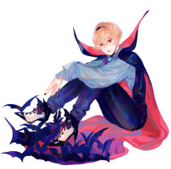  1boy afk_(konnosukeluv) ascot blonde_hair fire_emblem fire_emblem_fates halloween halloween_costume high_heels highres leo_(fire_emblem_fates) leo_(nohrian_festival_of_bonds)_(fire_emblem_fates) looking_at_viewer male_focus mystical_high_collar official_alternate_costume red_ascot red_eyes simple_background sitting solo vampire_costume white_background 