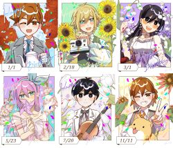  2girls 4boys :d ;d absurdres alternate_costume alternate_eye_color alternate_skin_color antenna_hair aubrey_(faraway)_(omori) aubrey_(omori) bare_shoulders basil_(faraway)_(omori) basil_(omori) black_eyes black_hair blonde_hair blue_eyes blue_hairband blush bow_hairband bright_pupils brother_and_sister brothers brown_eyes brown_hair cactus camera closed_mouth collarbone collared_shirt commentary confetti dated dog double-parted_bangs dress ear_piercing earrings flower flower_earrings genk1zam4s gladiolus green_ribbon grey_suit grin hair_behind_ear hair_between_eyes hair_flower hair_ornament hair_ribbon hairband happy_birthday hector_(omori) hero_(faraway)_(omori) hero_(omori) highres holding holding_camera holding_instrument holding_teapot holding_violin instrument jewelry kel_(faraway)_(omori) kel_(omori) lightened_skin lily_of_the_valley long_hair long_sleeves looking_at_viewer male_focus mari_(faraway)_(omori) mari_(omori) multiple_boys multiple_girls off-shoulder_dress off_shoulder omori one_eye_closed open_mouth piercing pink_hair red_flower red_rose ribbon rose shirt short_hair short_sleeves siblings smile straight-on suit sunflower sunny_(omori) teapot teeth tulip upper_teeth_only violin white_dress white_flower white_pupils white_shirt white_suit white_tulip 