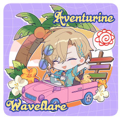  1boy :d ^_^ aqua_shirt aqua_streaks arm_up armband aventurine_(honkai:_star_rail) aventurine_(waveflair)_(honkai:_star_rail) blonde_hair blue-tinted_eyewear blush border bracelet braid character_name chibi chibi_only closed_eyes coconut coconut_tree collared_shirt commentary_request crossed_bangs ear_piercing english_text flower gold_ring grid_background hair_between_eyes hand_up hawaiian_shirt holding holding_removed_eyewear honkai:_star_rail honkai_(series) jewelry lapels male_focus multicolored_hair multiple_rings necklace official_alternate_costume open_clothes open_mouth open_shirt palm_tree parted_bangs piercing purple_background ride-on_toy_car ring rubber_duck shirt short_hair shorts sign signpost single_braid sitting sleeves_rolled_up smile solo speech_bubble streaked_hair sunglasses sweet_love4s thumb_ring tinted_eyewear tree unworn_eyewear white_border white_flower white_shorts yellow_armband yellow_flower 