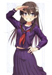  1girl absurdres black_hair black_sailor_collar black_shirt black_skirt blue_eyes blue_sailor_collar blue_serafuku blue_skirt blush collarbone flower grin hair_between_eyes hair_flower hair_ornament hand_on_own_hip hand_up happy highres long_hair long_sleeves looking_at_viewer midriff_peek navel neckerchief parted_lips pleated_skirt raika9 red_neckerchief sailor_collar sakugawa_school_uniform salute saten_ruiko scan school_uniform serafuku shirt simple_background skirt smile solo toaru_kagaku_no_railgun toaru_majutsu_no_index very_long_hair white_flower winter_uniform 