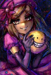 1girl beret black_gloves blonde_hair bow dress elbow_gloves emoji evil_smile gem glitch gloves hat highres holding jack-o'-lantern lambdadelta looking_at_viewer pearl pink_dress pink_hat pumpkin red_bow red_eyes short_hair smile solo umineko_no_naku_koro_ni verity_(thatmob)