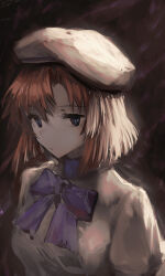  1girl absurdres bow bowtie brown_hair cokei commentary_request dark_background dress expressionless hat highres higurashi_no_naku_koro_ni looking_at_viewer purple_bow purple_bowtie ryuuguu_rena solo upper_body white_dress white_hat 