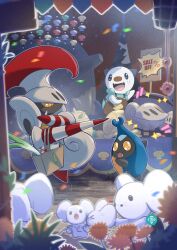  absurdres bag bug colored_sclera commentary english_commentary escavalier fangs floating helmet highres karrablast lance maushold maushold_(family_of_four) mouse_(animal) mpulloh_studio no_humans open_mouth oshawott plume pokemon pokemon_(creature) pokemon_focus polearm seashell shell shelmet spring_onion weapon yellow_eyes yellow_sclera 
