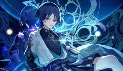  2boys anemo_symbol_(genshin_impact) animal_print back-to-back belt bird_print black_belt black_bodysuit black_bow black_bridal_gauntlets black_hair black_hole black_kimono black_shorts black_sleeves blue_cape blue_gem blue_halo blue_kimono blue_sleeves blunt_ends bodysuit bow bridal_gauntlets cape choppy_bangs closed_mouth commentary_request covered_collarbone dual_persona eyeliner feathers furisode gem genshin_impact glint glowing_gem gold gold_trim hakama hakama_shorts halo halo_behind_head highres japanese_clothes juban kimono kukatsuma layered_sleeves lens_flare makeup mandala mandarin_collar multiple_boys open_clothes open_kimono planet pleated_shorts pom_pom_(clothes) purple_rope purple_sash purple_sleeves red_eyeliner red_kimono rope sash scaramouche_(genshin_impact) scaramouche_(harbinger)_(genshin_impact) shining short_sleeves shorts shoulder_peek side_cape sky smile space star_(sky) starry_sky sun tassel tsurime violet_eyes vision_(genshin_impact) wanderer_(genshin_impact) white_kimono white_sleeves wolf_cut yellow_feathers 