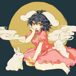  1girl :3 animal_ears barefoot brown_hair canariadraw carrot_necklace commentary_request dress floppy_ears full_body full_moon inaba_tewi jewelry looking_at_viewer moon necklace open_mouth pendant pink_dress rabbit rabbit_ears rabbit_girl rabbit_tail red_eyes ribbon-trimmed_dress ribbon_trim sitting smile solo tail toes touhou 