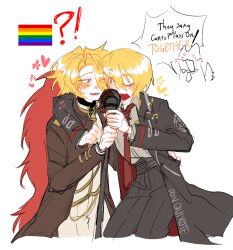  !? 2girls arm_around_shoulder black_coat black_pants blonde_hair blush coat collared_shirt cropped_legs don_quixote_(project_moon) dual_persona english_text fang feather_boa gold_trim highres holding holding_microphone_stand implied_yuri lapels limbus_company long_sleeves microphone microphone_stand multiple_girls necktie notched_lapels one_eye_closed open_mouth pants project_moon rainbow_flag red_eyes red_necktie sancho_(project_moon) selfcest shirt short_hair simple_background singing smile speech_bubble white_background white_shirt zydzvai 