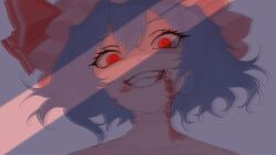  1girl bare_shoulders blood blood_from_mouth blood_on_face blood_on_neck blurry collarbone commentary frilled_hat frills hat hat_ribbon highres looking_at_viewer mob_cap nekoffien parted_lips pink_hat purple_hair red_eyes red_ribbon remilia_scarlet ribbon sanpaku short_hair smile solo touhou variant_set 