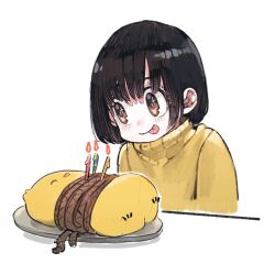  1girl :q baby_animal bird birthday black_hair blush bound brown_eyes candle candlelight chick closed_mouth commentary_request cropped_torso english_commentary eyelashes jun_(navigavi) little_sister_(navigavi) long_sleeves looking_at_animal mixed-language_commentary original plate rope short_hair simple_background smile solo sparkling_eyes sweater tied_up_(nonsexual) tongue tongue_out turtleneck turtleneck_sweater white_background yellow_sweater 