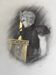  1boy armor belt buster_sword charcoal_(medium) closed_mouth cloud_strife earrings english_commentary final_fantasy final_fantasy_vii final_fantasy_vii_rebirth final_fantasy_vii_remake gloves greyscale highres holding holding_sword holding_weapon jewelry male_focus monochrome ribbed_sweater short_hair shoulder_armor signature sleeveless sleeveless_turtleneck solo spiky_hair spot_color stud_earrings suspenders sweater sword tommy_worthington traditional_media turtleneck turtleneck_sweater upper_body weapon 