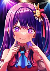  1girl absurdres ascot blue_ascot blush breasts cheek_poking commentary_request detached_sleeves hal_(haldayo913) highres hoshino_ai licking_lips long_hair looking_at_viewer medium_breasts one_side_up oshi_no_ko poking purple_hair red_shirt shirt sleeveless sleeveless_shirt smile solo stage_lights star-shaped_pupils star_(symbol) symbol-shaped_pupils tongue tongue_out violet_eyes white_sleeves 