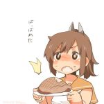  1girl blush brown_eyes brown_hair fang food food_on_face fried_chicken i-401_(kantai_collection) kantai_collection lowres open_mouth plate ponytail rebecca_(keinelove) short_hair sweat 