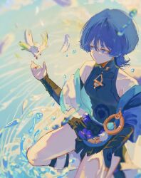  1boy 26qbl arm_at_side armor bare_shoulders belt bird black_belt black_bodysuit black_bow black_bridal_gauntlets black_shorts blue_gem blue_kimono blue_sleeves blunt_ends blurry blurry_background bodysuit bow bridal_gauntlets closed_mouth covered_collarbone depth_of_field empty_eyes expressionless eyeliner falling_feathers feathers gem genshin_impact gold gold_ring grey_hair hakama hakama_shorts hand_on_own_thigh hand_up highres japanese_armor japanese_clothes juban kimono kote kurokote layered_sleeves looking_at_animal makeup male_focus mandarin_collar middle_ring off_shoulder open_clothes open_hand open_kimono pleated_shorts pom_pom_(clothes) purple_rope purple_sash red_eyeliner ripples rope sash scaramouche_(genshin_impact) short_sleeves shorts sitting sky solo tsurime violet_eyes vision_(genshin_impact) wanderer_(genshin_impact) water_drop white_bird white_kimono white_sleeves wispy_bangs wolf_cut yellow_feathers yokozuwari 