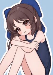  1girl armpits blue_background blue_bow blue_one-piece_swimsuit blush_stickers bow brown_eyes brown_hair chiyuri_(hryx2477) closed_mouth collarbone crossed_arms dot_nose eyelashes flat_chest hair_bow highres hugging_own_legs idolmaster idolmaster_cinderella_girls idolmaster_cinderella_girls_starlight_stage light_smile long_hair looking_at_viewer one-piece_swimsuit outline sitting solo swimsuit tachibana_arisu white_outline 