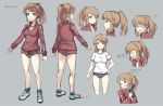  1girl blood blood_on_face breasts brown_hair buruma character_sheet gebyy-terar green_eyes gun gym_uniform long_hair original pistol ponytail shoes sneakers socks solo track_jacket weapon 