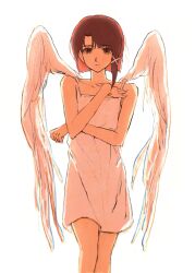  1girl angel angel_wings bare_shoulders brown_eyes brown_hair commentary dress english_commentary hair_ornament hairclip highres huannnnn iwakura_lain loose_hair_strand parted_bangs serial_experiments_lain short_hair simple_background solo white_background white_dress wings x_hair_ornament 