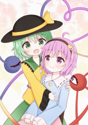  2girls ahoge black_hairband black_hat blue_shirt bow buttons closed_mouth collared_shirt commentary_request diamond_button disembodied_linked_eye eyeball frilled_shirt_collar frilled_sleeves frills green_eyes green_hair green_skirt hair_ornament hairband hat hat_bow heart heart_button heart_hair_ornament heart_of_string highres komeiji_koishi komeiji_satori long_sleeves multiple_girls pink_eyes pink_hair pink_skirt ribbon-trimmed_collar ribbon_trim shirt siblings sisters skirt smile toriki_fukuro touhou wide_sleeves yellow_bow yellow_shirt 